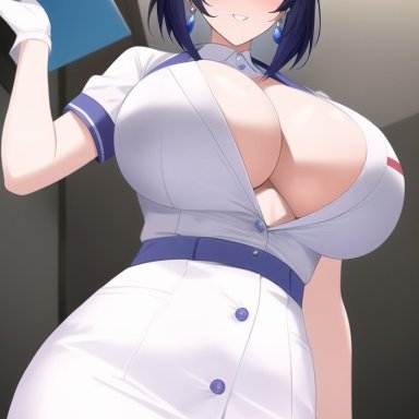 genshin impact, yelan (genshin impact), nai diffusion, stable diffusion, 1girls, black hair, blue hair, breasts, female, gloves, green eyes, hips, huge breasts, light-skinned female, light skin