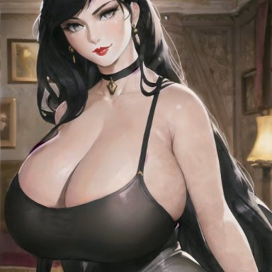 original, original character, artist request, nai diffusion, stable diffusion, alternate breast size, big breasts, black hair, bulging breasts, long hair, looking at viewer, milf, 2022, ai generated, high resolution