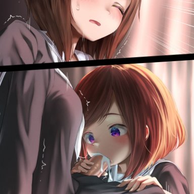 ayanakitori, 1futa, 1girls, action lines, big penis, blowjob, breasts, brown hair, clothed, clothing, cum, cum in mouth, duo, ejaculation, erection