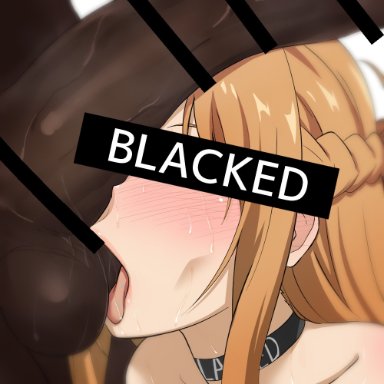 blacked, sword art online, yuuki asuna, ardnades, 1boy1girl, ball fondling, balls, big balls, big penis, blush, cheating, choker, cock worship, dark-skinned male, dark skin