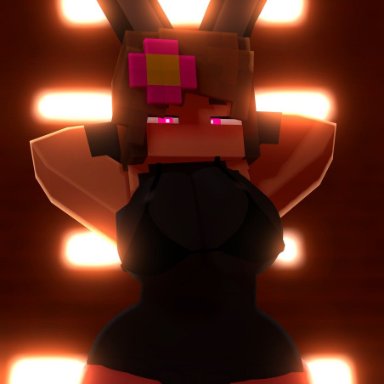 minecraft, jenny belle, melinajbt, slipperyt, big breasts, black bunny ears, black clothing, bra visible through clothes, breasts, brown hair, bunny ears, bunny girl, bunnysuit, flower, flower in hair