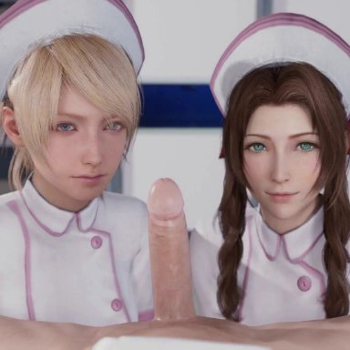 final fantasy, final fantasy vii, final fantasy vii remake, final fantasy xv, aerith gainsborough, lunafreya nox fleuret, lazyprocrastinator, 1boy, 2girls, blonde hair, blowjob, blue eyes, braid, brown hair, erection