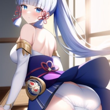 genshin impact, kamisato ayaka, nai diffusion, stable diffusion, ass, ass cleavage, ass focus, bare shoulders, blue eyes, blush, breasts, butt crack, cameltoe, dress, embarrassed
