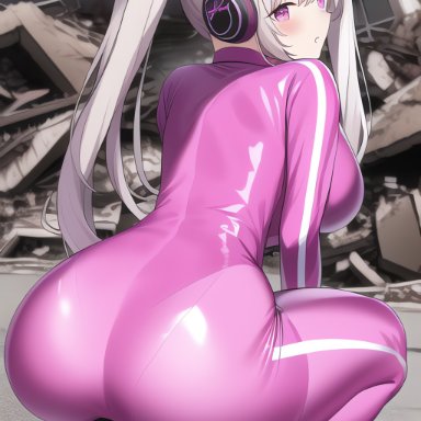 goddess of victory: nikke, alice (nikke), nai diffusion, stable diffusion, 1girls, ass, back view, bodysuit, bubble ass, bubble butt, clothing, curvy, female, female only, headphones