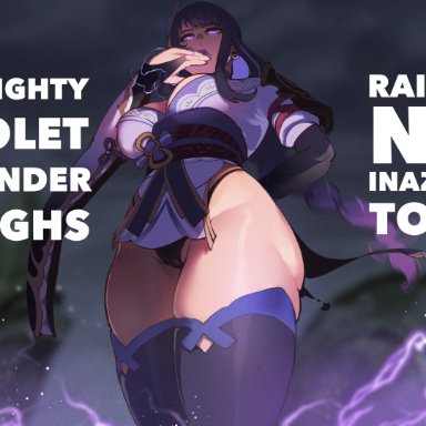 genshin impact, raiden shogun, thiccwithaq, 1girls, big breasts, blurry background, braid, breasts, female, female only, large breasts, light-skinned female, light skin, long hair, panties