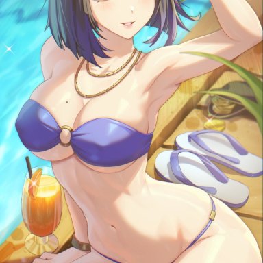 genshin impact, yelan (genshin impact), artist request, 1girls, armpits, bikini, blue bikini, blue hair, blush, breasts, green eyes, hand in hair, jewelry, large breasts, mature female