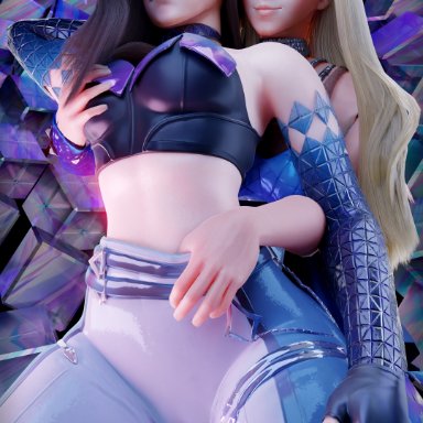 blizzard entertainment, k/da series, overwatch, overwatch 2, d.va, mercy, moonroomoom, blonde hair, brown hair, cameltoe, grabbing breasts, tight clothing, yuri, 3d, 3d (artwork)