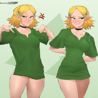 breath of the wild, nintendo, tears of the kingdom, the legend of zelda, link (cosplay), princess zelda, zelda (breath of the wild), flytrapxx, big breasts, boyfriends shirt, clothed, green clothing, shirt only, shirt tighten meme, tight clothes