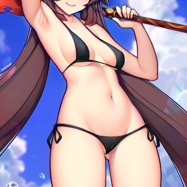 genshin impact, hu tao (genshin impact), ikkimay, 1girls, armpits, arms up, beach, bikini, black bikini, breasts, female, hat, heart, holding weapon, looking at viewer