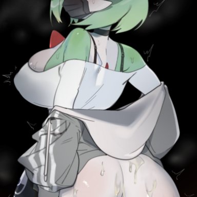 pokemon, cosplay gardevoir, gardevoir, pok&#233;mon (species), yuio58ok, after sex, after vaginal, ass, black background, black mask, blush, breasts, condom, cum, cum in pussy