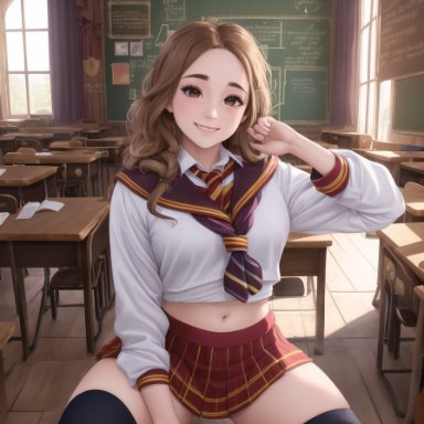 harry potter, hermione granger, nai diffusion, stable diffusion, classroom, cute, hogwarts, hogwarts school uniform, school uniform, ai generated