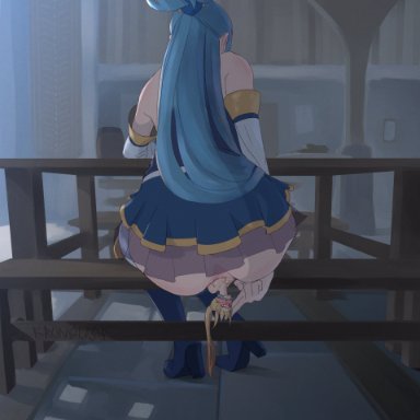 aqua (konosuba), kronguss, 2girls, anal insertion, anal vore, big ass, bullying, entrapment, fat ass, giantess, living butt plug, sadistic girl, vore