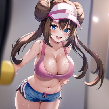 game freak, nintendo, pokemon, pokemon bw2, rosa (pokemon), nai diffusion, stable diffusion, 1girls, blue eyes, booty shorts, breasts, brown hair, cleavage, female, huge breasts