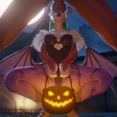 darkstalkers, halloween, morrigan aensland, j4zzbug sfm, 1boy, 1boy1girl, 1girls, balls, clothed sex, cum, cum drip, cum in mouth, cum on body, cum on breasts, deepthroat