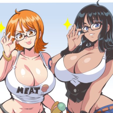 one piece, nami, nico robin, bocodamondo, lewdamone, 2girls, big breasts, black hair, breasts, busty, cleavage, clothed, curvy, female, female only