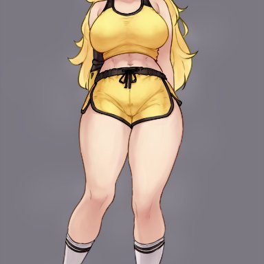 rwby, yang xiao long, bluefield, 1girls, abs, blonde hair, booty shorts, breasts, dolphin shorts, female, hips, huge breasts, light-skinned female, light skin, long hair