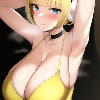 game freak, nintendo, pokemon, pokemon bw, elesa (pokemon), nai diffusion, stable diffusion, 1girls, armpit fetish, armpits, arms up, blonde hair, blue eyes, blush, breasts