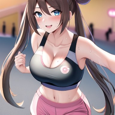 game freak, nintendo, pokemon, pokemon bw2, rosa (pokemon), nai diffusion, stable diffusion, 1girls, blue eyes, booty shorts, breasts, brown hair, cleavage, female, huge breasts