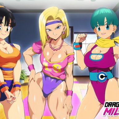 dragon ball, dragon ball super, dragon ball z, shounen jump, android 18, bulma briefs, chichi, crisisbeat, 3girls, adult, android, armbands, ass, athletic, athletic female
