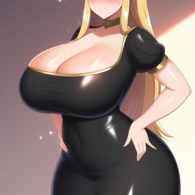 the, the legend of zelda, princess zelda, nai diffusion, stable diffusion, black dress, blonde hair, blue eyes, gigantic ass, hand on hip, huge ass, long hair, shiny breasts, shiny clothes, shiny skin
