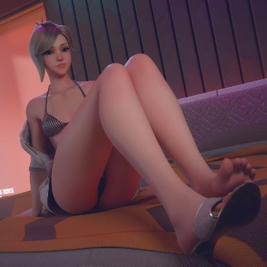 overwatch, mercy, velocihaxor, 1girls, bed, bedroom, bikini, feet, feet focus, female, female only, foot fetish, on bed, small breasts, 3d