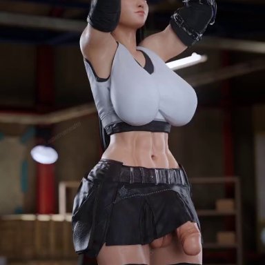 final fantasy, final fantasy vii, tifa lockhart, justausernamesfm, 1futa, athletic, athletic futanari, big breasts, big thighs, clothed, excercise, flaccid, futanari, long hair, penis under dress