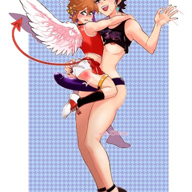 bayonetta, kid icarus, kid icarus uprising, nintendo, bayonetta (character), pit, pit (kid icarus), soft sizzle, 1boy, 1girls, angel, angel wings, before anal, before sex, big strap-on