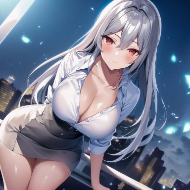 original, nai diffusion, stable diffusion, 1girls, big boobs, breasts, city, cleavage, clothing, detailed background, female, female only, leaning forward, light-skinned female, looking at viewer