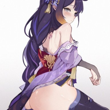 genshin impact, hololive, hololive english, ninomae ina'nis, raiden shogun (cosplay), tako (ninomae ina'nis), koahri, 1girls, ass, back, back tattoo, beauty mark, blush, braided hair, bubble butt