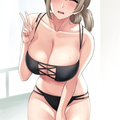 uzaki-chan wa asobitai!, uzaki tsuki, xtermination, 1girls, bikini, black bikini, blush, breasts, cleavage, closed eyes, collarbone, curvy, female, grey hair, hand up