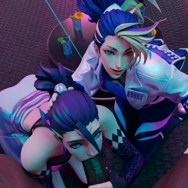 k/da all out series, k/da series, league of legends, league of legends: wild rift, akali, k/da akali, k/da all out akali, k/da all out kai'sa, k/da kai'sa, kai'sa, lucian (league of legends), blank3d, 1boy, 2girls, blowjob