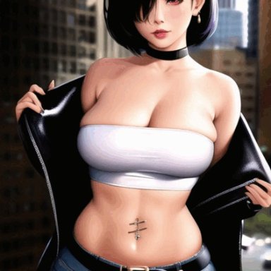 nai diffusion, stable diffusion, 1girls, belt buckle, black hair, blush, bob cut, breasts, choker, city background, clavicle, cum, cum on breasts, dark hair, earring