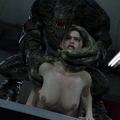 resident evil, resident evil 2 remake, claire redfield, tlaloc, bayf lust, random tide, 1boy, 1girls, ambiguous penetration, black hair, blue eyes, bouncing breasts, breasts, dubious consent, eyes rolling back