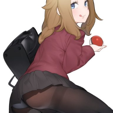 nintendo, pokemon, pokemon ss, lass (pokemon), lass (pokemon ss), nuibashi, 1girls, :q, ass, bag, black bag, black footwear, blue eyes, brown hair, brown pantyhose