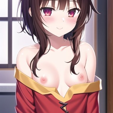 megumin, nai diffusion, stable diffusion, black hair, cunny, nipples, partially clothed, red eyes, small breasts, solo, solo female, solo focus, ai generated