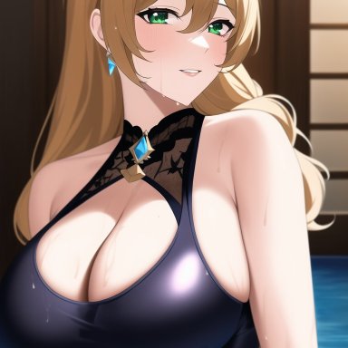 genshin impact, lisa (genshin impact), nai diffusion, stable diffusion, 1girls, alternate hairstyle, breasts, brown hair, cleavage, clothed, female, green eyes, hips, huge breasts, large breasts