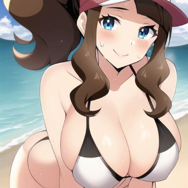 game freak, nintendo, pokemon, hilda (pokemon), nai diffusion, stable diffusion, 1girls, beach, big breasts, bikini, blush, breasts, busty, cleavage, curvy