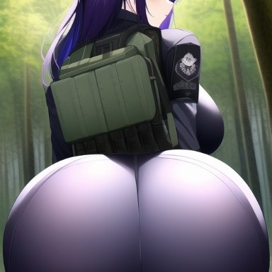 genshin impact, raiden shogun, nai diffusion, stable diffusion, armor, ass focus, bulletproof vest, female only, forest, goggles on head, hat, huge ass, looking back, purple eyes, purple hair