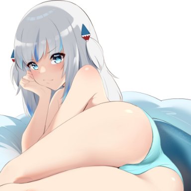 hololive, hololive english, gawr gura, yuyu5x, 1girls, ass, blue eyes, butt, eyebrows visible through hair, female, light-skinned female, light skin, panties, shark girl, shark hair ornament