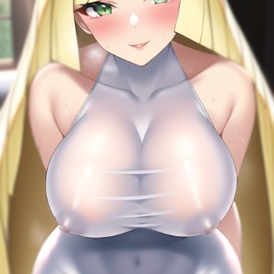 game freak, nintendo, pokemon, pokemon sm, lusamine (pokemon), nai diffusion, stable diffusion, 1girls, alternate breast size, blonde hair, blush, breasts, female, green eyes, hips