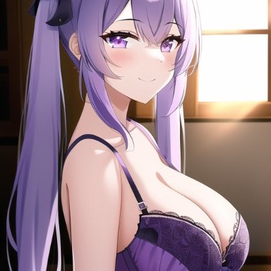 genshin impact, keqing (genshin impact), nai diffusion, stable diffusion, 1girls, bra, breasts, cleavage, female, female only, large breasts, lingerie, looking at viewer, purple eyes, purple hair