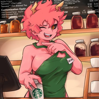 my hero academia, mina ashido, dashi art, 1girls, big breasts, black sclera, blush, breasts, cleavage, coffee cup, detailed background, female, female only, horns, looking at viewer