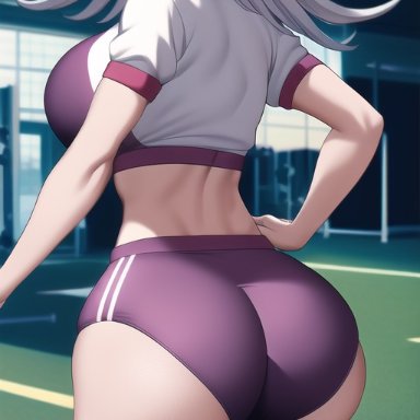 danganronpa, danganronpa 3, kimura seiko, nai diffusion, stable diffusion, covered eyes, grey hair, gym, gym uniform, hand on hip, huge ass, large breasts, looking at viewer, looking back, mask