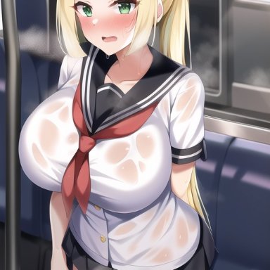 game freak, nintendo, pokemon, pokemon sm, lillie (pokemon), nai diffusion, stable diffusion, 1girls, aged up, alternate breast size, blonde hair, breasts, female, green eyes, hips