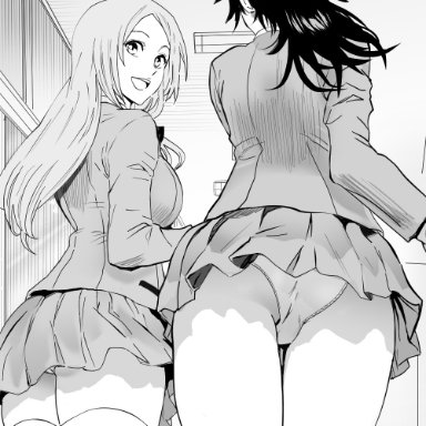 bleach, inoue orihime, tatsuki arisawa, daraz18aka, 2girls, ass, back, black hair, breasts, friends, from behind, hallway, indoors, large breasts, long hair