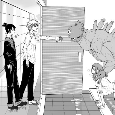 chainsaw man, aki hayakawa (chainsaw man), denji (chainsaw man), makima (chainsaw man), kiahl, lobsterkiahl, 1girls, 1monster, 2boys, cucked by beast, cuckold, huge cock, monster, monster cock, monster rape