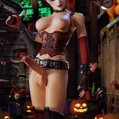 batman: arkham city, batman (series), dc, dc comics, halloween, rocksteady studios, harley quinn, kassowit, kittenvox, 1futa, armwear, belt, big penis, blonde hair, casual