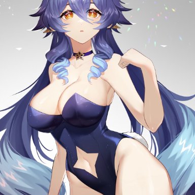 genshin impact, layla (genshin impact), sakotach, big breasts, blue hair, breasts, bunny ears, bunny girl, bunny tail, bunnysuit, choker, cleavage, drill hair, elf, female