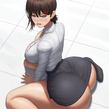 chainsaw man, higashiyama kobeni, superbusty, 1girls, alternate breast size, ass, ass expansion, back, back view, black hair, blush, breasts, bubble butt, clothed, clothed female