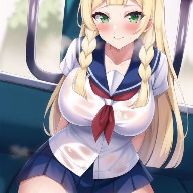 game freak, nintendo, pokemon, pokemon sm, lillie (pokemon), nai diffusion, stable diffusion, 1girls, aged up, alternate breast size, blonde hair, breasts, female, green eyes, hips